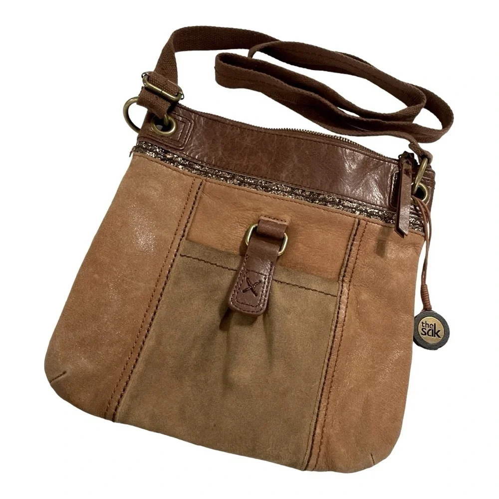 The Sak 2 Toned Brown Distressed Leather Kendra Crossbody Purse Bag Hippie Boho